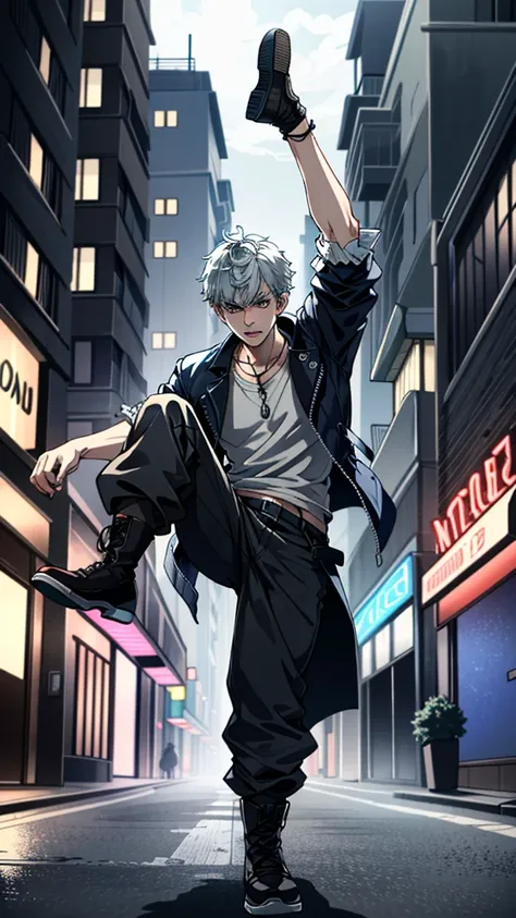 ((extremely detailed, masterpiece, absurd))
dmc5nero, 1 boy, solitary, baldhead, blue eyes, street dancer in hip-hop clothing, m...