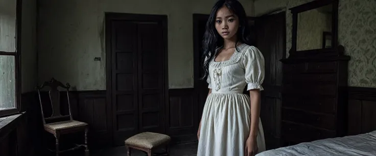 A young Indonesian male student, around 23  years old, stood frozen with fear in his dimly lit bedroom in an old Dutch colonial style house at night. In front of him there was a scary female ghost named Maria who appeared for the first time. Maria had long...