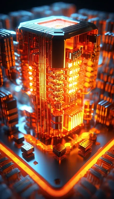 orange,chipset,product close-up,close-up of the photogram,rendering,c4d,ai intelligence,binary data stream,3d多重architecture,ultr...