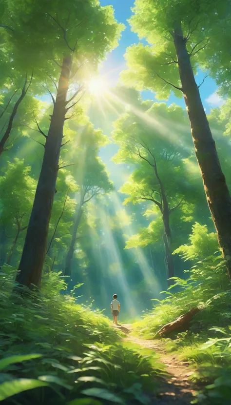 "Create a vivid acrylic painting capturing the essence of a dreamy summer forest. Picture lush, verdant trees with dappled sunlight filtering through the canopy, casting gentle shadows on the forest floor. In a serene clearing, a young boy stands, his face...