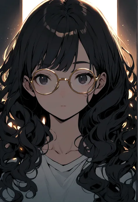 Black hair girl, Long curly hair, No bangs, Gold-rimmed glasses, black eyes,  T 恤