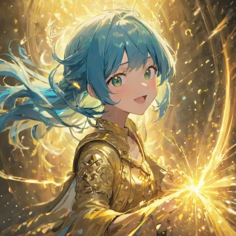 Top quality, masterpiece, blue hair, green eyes, (light particles), beautiful light, golden door, smile