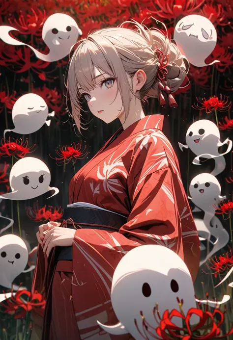 Very detailed, 8K, ghost，female，yukata，solo，Red spider lily