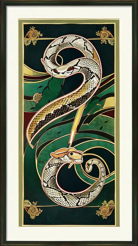 In the foreground, a snake wraps around a patterned magic wand. The image is made in high quality and framed by a vignette of intertwined trees in the shape of a heart. 
In the center is the letter "N" on the coat of arms. The image is made in graphic form...