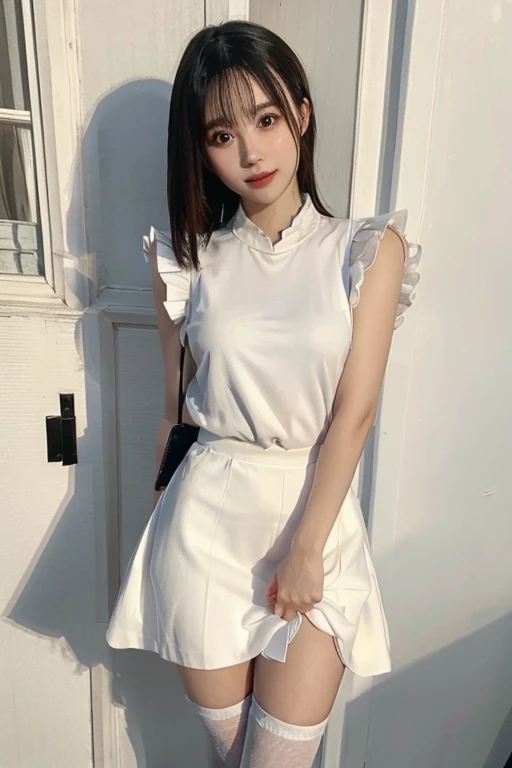 highest quality、masterpiece、high sensitivity、high resolution、detailed description、slender body、slim body、frill apron、mini skirt、...