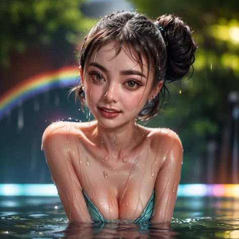 masterpiece of ExtremelyDetailed (ProfessionalPhoto of Stunning women:1.4) Looking at Sky, (((Downpour))), BraidHair with bun, (Joyful Expressions LifeLike Rendering), ((Extremely detailed beautiful face and eyes, ElaboratePupils with sparkling highlights)...