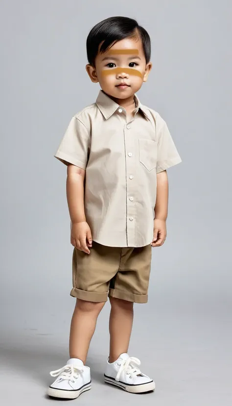 make a boy about 2 years old, height 78 cm, short crew cut hair, wearing a short-sleeved koko shirt with a grayish cream color and wearing white shoes, full body, Indonesian children, portrait view