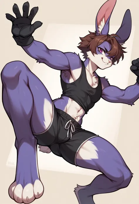 create a picture of a character  with purple giant rabbit digitigrade legs with white paws, put purple rabbit ears on top of her head, make her wearing black shorts and a black athletic tank top and black gloves, put purple fur on her arms from her elbows ...