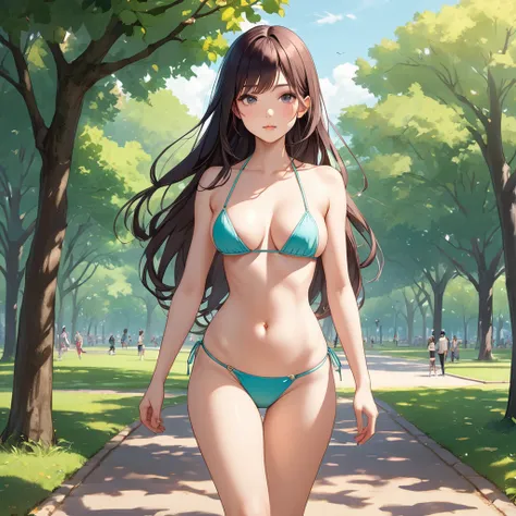 girl in a park, she wears a mini bikini, your hair is long, Your body is slim and defined, your breasts are of average size, de corpo inteiro