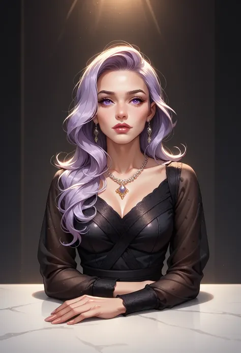 A woman in a black dress is sitting on a white table. She has long hair and is wearing a necklace. The woman appears to be an actor or model, exuding elegance and grace. Her facial features suggest she is in her early thirties and she exudes confidence. Th...