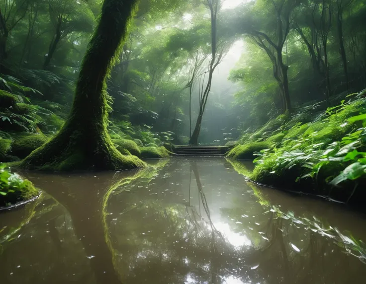 A fairy forest with light rain、Ripple in a puddle