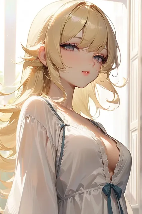 ((Лучшее качество)), ((шедевр)), (подробный), ((((masterpiece)))), ((((high quality)))), anime, solo, oshino shinobu, blonde hair, (((seductive look))), busty, flashing breasts, nipples, decolete, white shirt, nightgown, ((half body)), look at viewer