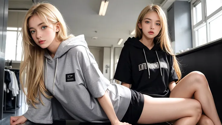 deux femmes blonde ensemble de 18 ans sexy et mince , black short sleeve hoodie , jambe visible , se touche,salle de classe,position sensuel