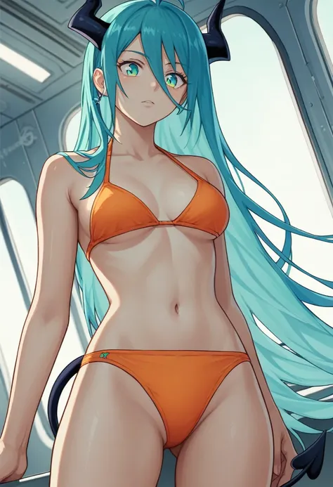 score_9, score_8_up, score_7_up,1 daemon woman, black  demon horns, black demon tail, (aquamarine hair),aquamarine green color hair,ahoge, long hair, (long hair),bangs, light orange bikini, bikini is orange, bikini orange, orange bikini!, (aquamarine eyes)...