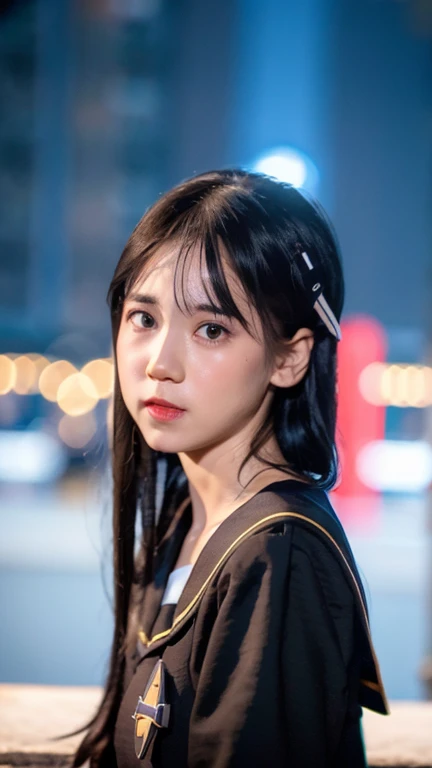 best quality, ultra high res, (photorealistic:1.4), 1girl, the girl wearing black sailor uniform, night, city scape background, city light, cinematic lighting, 80s filter, zoom to face, detailed face , looking at viewer, front view