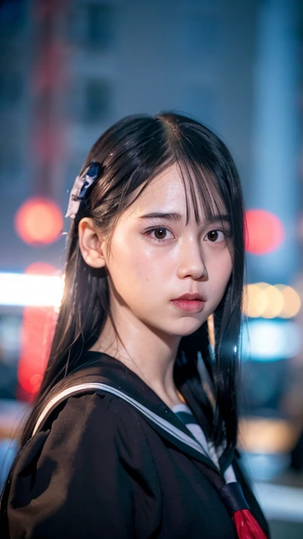 best quality, ultra high res, (photorealistic:1.4), 1girl, the girl wearing black sailor uniform, night, city scape background, city light, cinematic lighting, 80s filter, zoom to face, detailed face , looking at viewer, front view