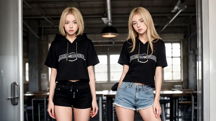 deux femmes blonde ensemble de 18 ans sexy et mince , black short sleeve hoodie , jambe visible , se touche,salle de classe,position sensuel