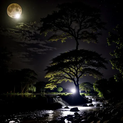 A stream Full flow of water, a big star fruit tree near the stream, night full moon dark and blacky sky, horror dark, full hd, 