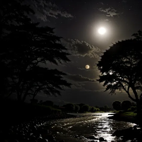 A stream Full flow of water, a big star fruit tree near the stream, night full moon dark and blacky sky, horror dark, full hd, 