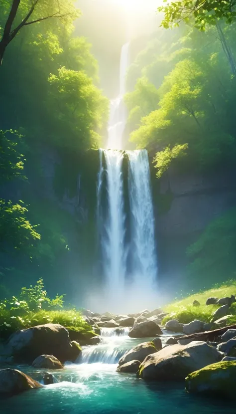 Close-up of mountain spring waterfall.Water mist flying.utopian&#39;s modern architecture and it is-like landscaping.Lotus flowers blooming in the pond, The majestic Feiquan Waterfall cascades down，crystal clear pond,rock.Soft sunlight shines through the d...