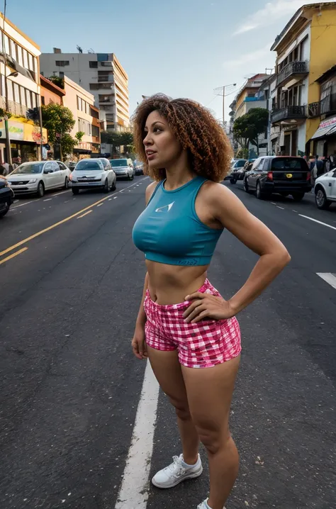 (best quality, highres, ultra-detailed), realistic, portrait, Colombian mature 65 year old looking  curly-haired busty lady, standing in the middle of traffic, looking up at an alien invasion, dressed in ripped underwear shorts, checkered crop top tied in ...