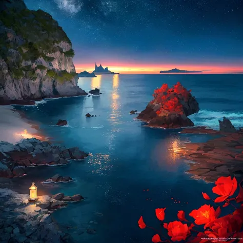 Seaside at night，Long shot，In the distance are the starry sky and the islands，There is glowing sea water in the lower right corner of the picture，There is a lighthouse on the seaside，Glowing red flowers floating on the sea、petal，Clear edge glow rendering，S...