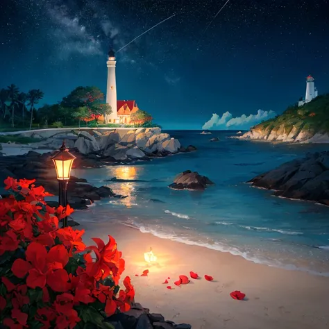 Seaside at night，Long shot，In the distance are the starry sky and the islands，There is glowing sea water in the lower right corner of the picture，There is a lighthouse on the seaside，Glowing red flowers floating on the sea、petal，Clear edge glow rendering，S...