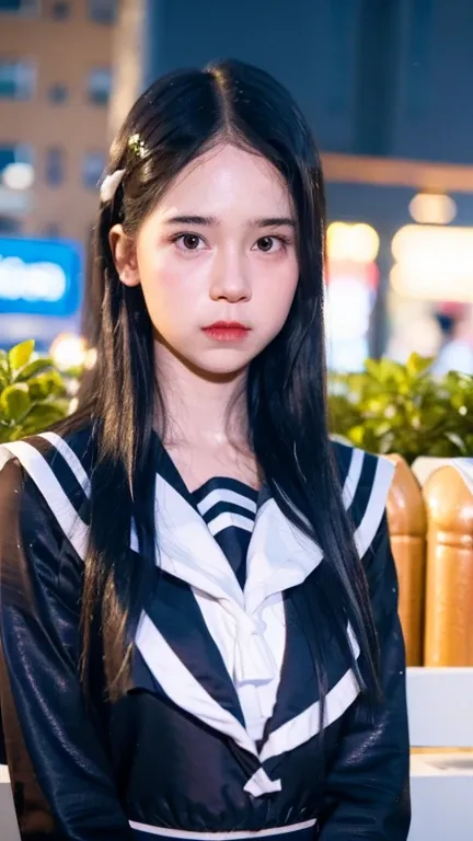 best quality, ultra high res, (photorealistic:1.4), 1girl, the girl wearing black sailor uniform, night, city scape background, city light, cinematic lighting, 80s filter, zoom to face, detailed face , looking at viewer, front view