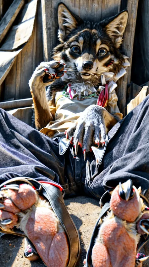 Sitting on the extremely hot street licking paws，Wearing cotton clothes and trousers，Chest gemstones，Skinny girl（10 years old），Wolf，off white，Perfect fingers，Feet are clawed and wear black plastic sandals，Detailed and true，High Detail，high quality，High-res...