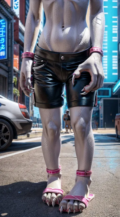 Standing on the extremely hot street，Wearing shorts，Chest gemstones，Skinny girl（10 years old），Cyberpunk dragons，Pinkish white scales，Perfect fingers，Feet are clawed and wear black plastic sandals，Detailed and true，High Detail，high quality，High-resolution p...