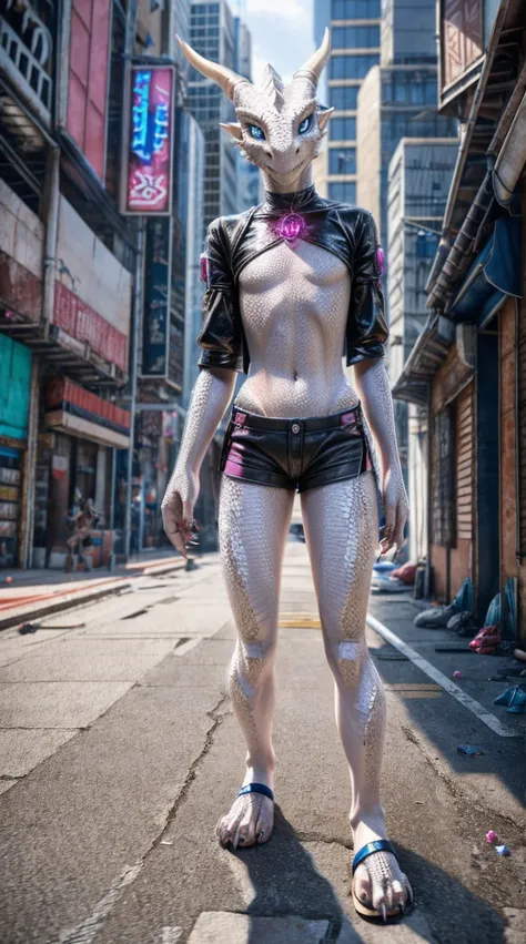 Standing on the extremely hot street，Wearing shorts，Chest gemstones，Skinny girl（10 years old），Cyberpunk dragons，Pinkish white scales，Perfect fingers，Feet are clawed and wear black plastic sandals，Detailed and true，High Detail，high quality，High-resolution p...