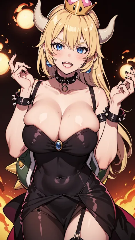 best quality, high resolution, large breasts, blonde hair, blush, Evil smile, cowboy shot, looking at viewer, bowsette, pink lip, (((gigantic breasts))), in a volcano with lava, sexy lingerie