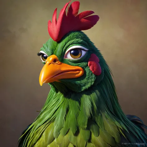 a pepe the frog inspired rooster, detailed character portrait, intricate feathers, vibrant colors, (best quality,4k,8k,highres,masterpiece:1.2),ultra-detailed,(realistic,photorealistic,photo-realistic:1.37),digital painting, dynamic pose, whimsical express...