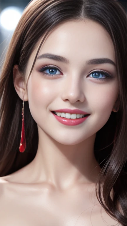 naked girl, perfect body, highly detailed and perfect face, mouth painted dark red, black painted eyes, light blue eyes with sparkles of light, white skin and soft texture, platinum ruby color, smiling happy at camera, beautiful and perfectly realistic tee...