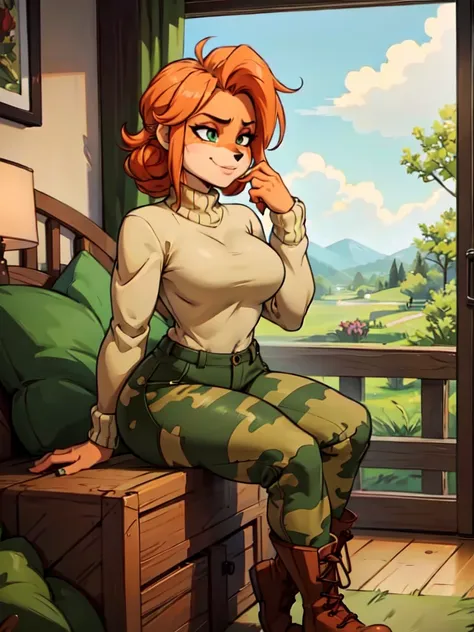 sancy anthro bandicoot girls redhead, braided hair, beautiful green eyes, sexy ,seductive, warm sweater, camouflage pants, army ...