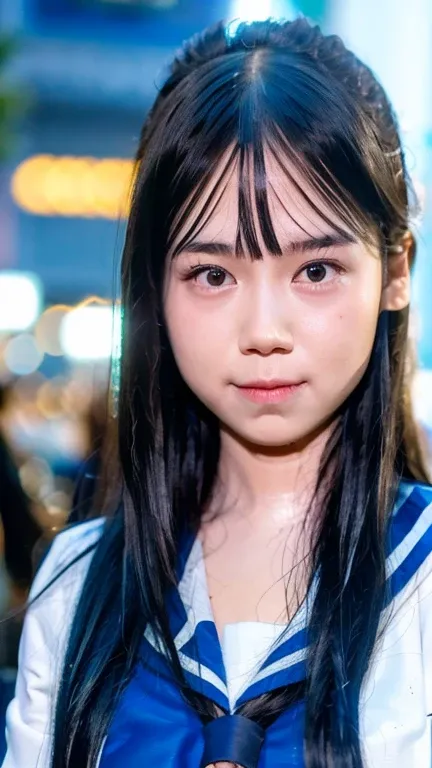 best quality, ultra high res, (photorealistic:1.4), 1girl, the girl wearing black sailor uniform, night, shibuya 109 background, shibuya, city light, cinematic lighting, 80s filter, zoom to face, detailed face , looking at viewer, front view