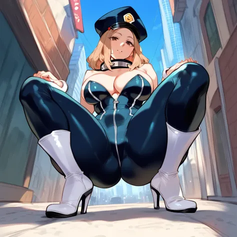 anime artwork, score_9, score_8_up, score_7_up, score_6_up, score_5_up, score_4_up, r,Camie Utsushimi, light brown hair, dark brown eyes,, breasts, , big breasts,  catsuit, cap, city, squatting, below view, , white heeled knee-high boots
