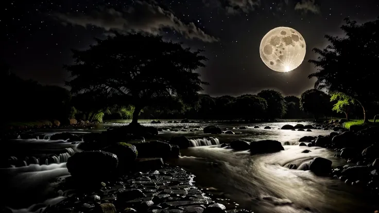 A stream Full flow of water, a big star fruit tree near the stream, night full moon dark and blacky sky, horror dark, full hd, 