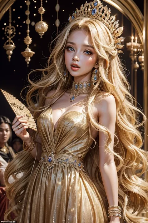 Oh-ho-ho, a glamorous young princess with long curly blonde hair mocking the lowly ones, clad in a long dress with lots of jewels and a gorgeous fan over her mouth,