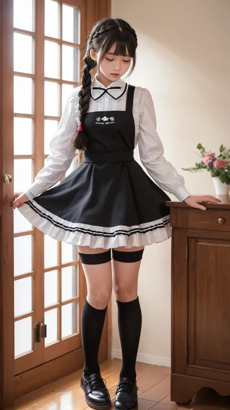 Highest quality、masterpiece、High sensitivity、High resolution、Detailed Description、Slender body、The body is slim、Frill apron、mini skirt、Knee-high socks、Black Hair、Braid、14 years old、