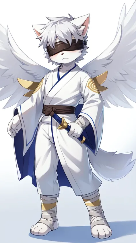 score_9,score_8_up,score_7_up, source_cartoon, source_furry, Furry shota, cat, white body fur, spiky hairstyle, silver hair, ((blindfolded, body bandages, white kimono with golden pattern)), white wings, angel, full body, feets whit three toes, standing, :...