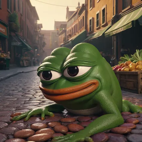 pepe the frog, ultra detailed, hyperrealistic, 3d render, catching a rooter, market bullish, dynamic lighting, dramatic shadows,...