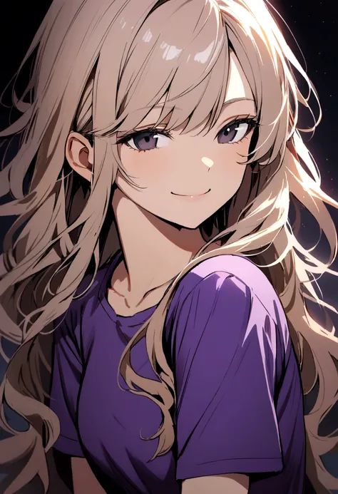 Girl with light apricot hair, long hair tied , no bangs, black eyes, gray glasses, purple t-shirt, sly smile