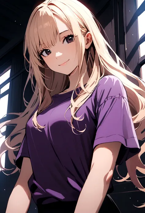 Girl with light apricot hair, long hair tied , no bangs, black eyes, gray glasses, purple t-shirt, sly smile