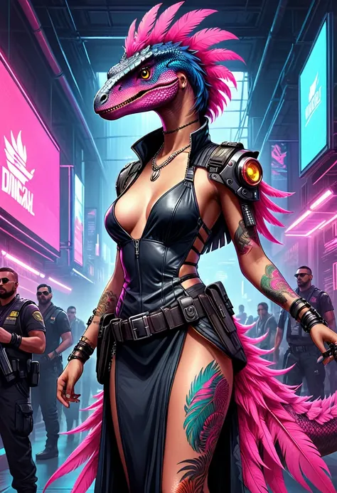 velociraptor in high-fashion cyberpunk attire, full-body portrait, cyberpunk dino fashion, digital painting, long dress with pin...