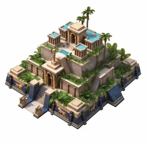 close up of a small building with a swimming pool and palm trees, ancient city landscape, isometric palace, ancient temple, anci...