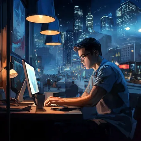 there is a man sitting at a desk using a computer, in front of a computer, beautiful and cinematic lighting, sitting at a computer, programmer, hyperrealistic composition, amazing wallpaper, cyril rolando and goro fujita, sitting in front of computer, nigh...