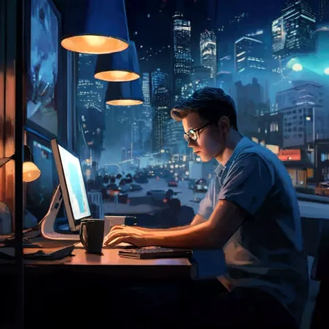 there is a man sitting at a desk using a computer, in front of a computer, beautiful and cinematic lighting, sitting at a computer, programmer, hyperrealistic composition, amazing wallpaper, cyril rolando and goro fujita, sitting in front of computer, nigh...