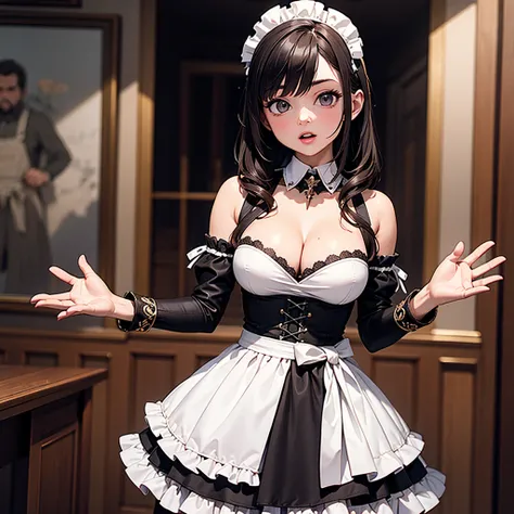 ((best quality)), ((masterpiece)), (detailed),  , high quality, best quality, masterpiece, (Very detailed:1.2), (Extremely detailed:1.3),, Bare shoulders, ，Cleavage, ，Maid costume，Open hands，character setting，full-body shot，