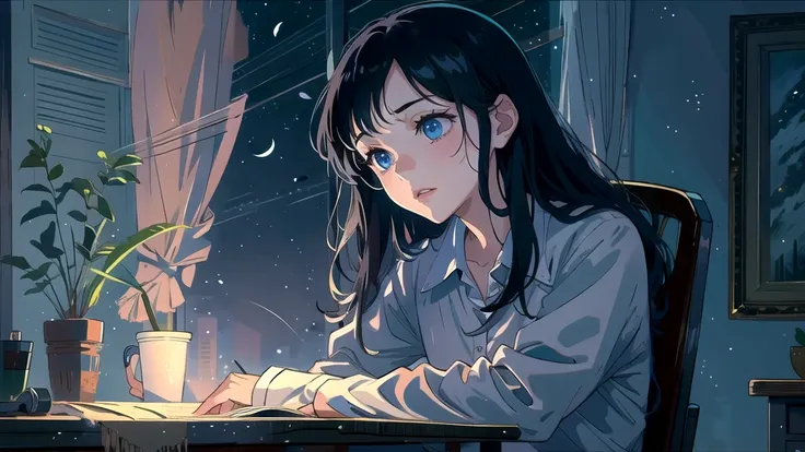 create an illustration of a girl with black hair and blue eyes, sitting in a chair in front of a desk, has a sentimental, intros...